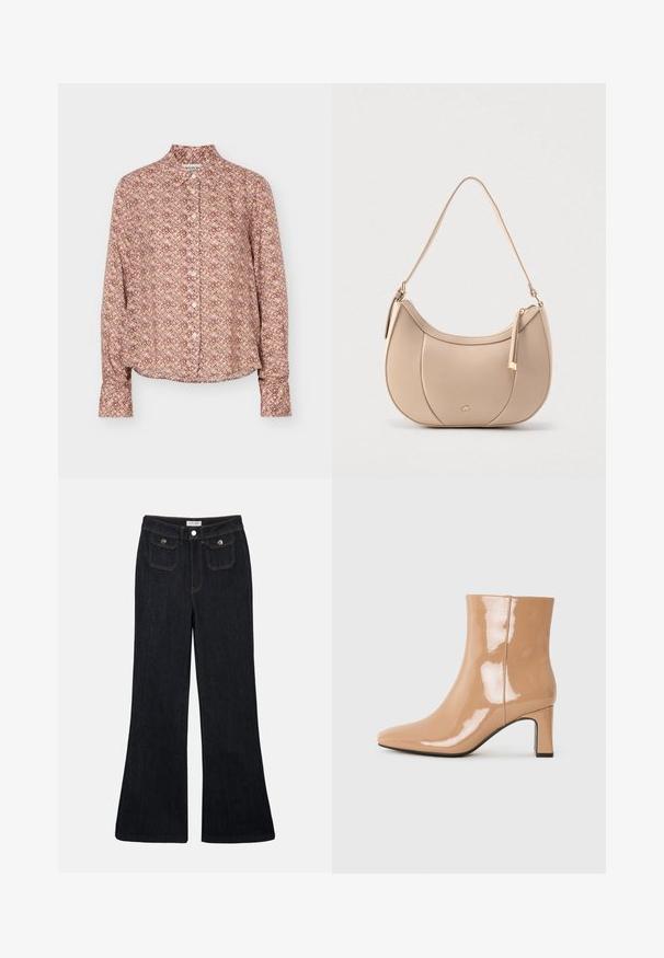Chemise à manches longues boutonnée avec un motif géométrique dans des tons marron, beige et violet clair, avec un col et des poignets.; Jeans en denim foncé évasés avec une taille haute, deux poches avant et des coutures orange. Le matériau semble robuste et lisse.; Bottes à talon nu patent avec un bout pointu, une finition brillante et un talon bloc de hauteur intermédiaire. Texture lisse et silhouette élégante.; Sac bandoulière en cuir beige de forme croissant, avec fermeture à glissière supérieure et une bandoulière amovible. Présente une quincaillerie dorée et des accents cousus.