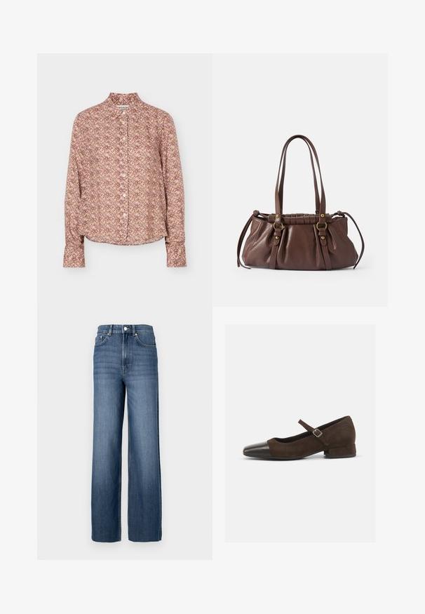 Overhemd met lange mouwen en knopen, met een geometrisch patroon in tinten bruin, beige en lichtpaars, met een kraag en manchetten.; Blauwe denim jeans met een hoge taille en een wijde pijp. Voorzien van een klassiek vijf-pocket ontwerp en metalen knoopdetails.; Bruine suède Mary Jane-schoen met een zwarte lakleren neuskap, een verstelbare band en een lage blokhak. Gladde textuur met minimale accenten.; Bruine leren handtas met twee lange handvatten,Gathered ontwerp, gouden hardware accenten en een gestructureerde afwerking.