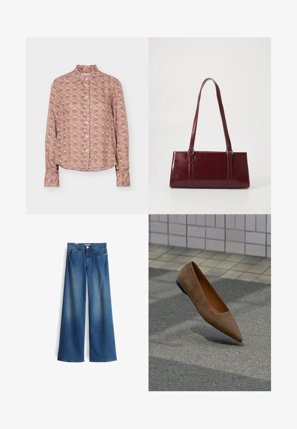 Overhemd met lange mouwen en knopen, met een geometrisch patroon in tinten bruin, beige en lichtpaars, met een kraag en manchetten.; Wijde denimjeans in medium blauw met een gladde textuur. Bevat twee voorzakken en een klassieke knoopsluiting bij de taille.; Bruine suède platte schoen met spitse neus zweeft boven asfalt met betegelde muur en stoep op de achtergrond.; Bourgondische handtas van glanzend materiaal, rechthoekige vorm, met twee schouderbanden en subtiele gebogen accenten aan de voorkant.