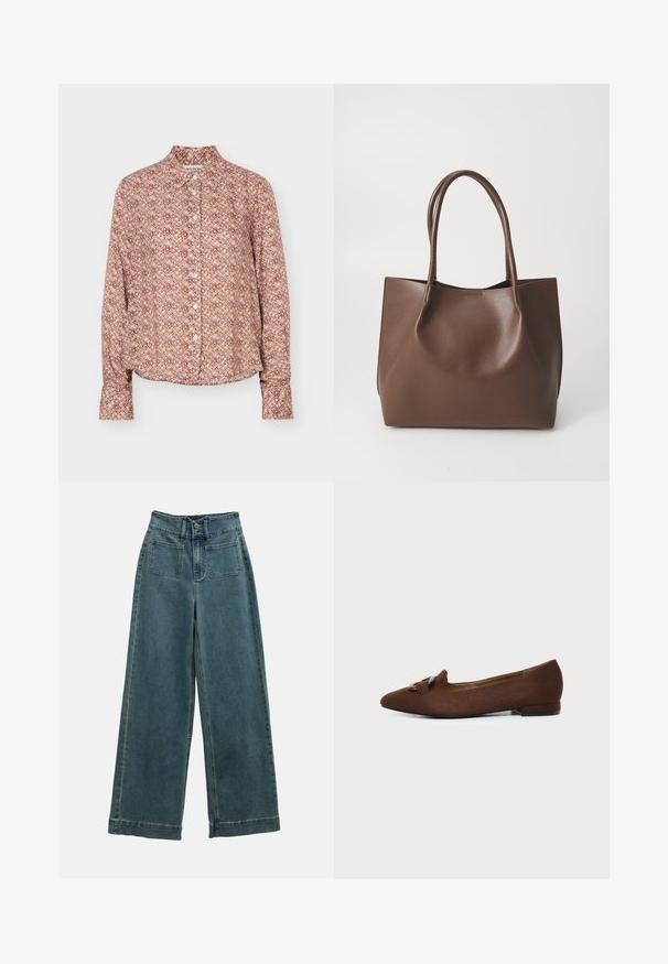 Langärmliges Hemd mit Knopfleiste und geometrischem Muster in Brauntönen, Beige und Hellviolett, mit Kragen und Manschetten.; Weite Jeanshose in verblasstem Blau mit hoher Taille, zwei Fronttaschen und klassischem Knopfverschluss. Der Stoff hat eine weiche, glatte Textur.; Brauner flacher Schuh mit spitzer Kappe und dekorativem Schnallendetail oben, auf schlichtem hellem Hintergrund.; Braune Leder-Tote mit zwei langen Tragriemen, strukturiertem Shape, glatter Textur und minimalistischem Design. Keine sichtbaren Beschläge oder Akzente.
