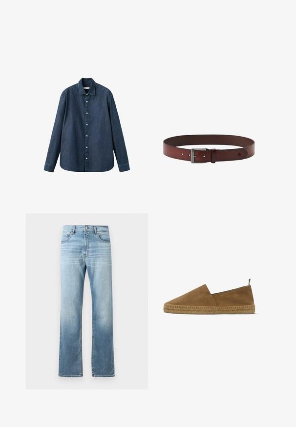 Dunkelblaues Jeanshemd mit langen Ärmeln, Knopfleiste, Kragen und weißen Knöpfen, dargestellt vor weißem Hintergrund.; Helle blaue Jeans aus Denim mit geradem Bein, die an den Oberschenkeln Ausbleichungen aufweisen, zwei vordere Taschen und einen klassischen Knopfverschluss haben.; Brauner Wildleder-Espadrille mit geflochtener Jutesohle und Zuglasche an der Ferse, seitlich auf weißem Hintergrund gezeigt.; Brauner Leder Gürtel mit einer silbernen Metallschnalle, mit einer glatten Textur und fünf Löchern zur Anpassung. Auffälliges Logo, das auf den Gürtel geprägt ist.