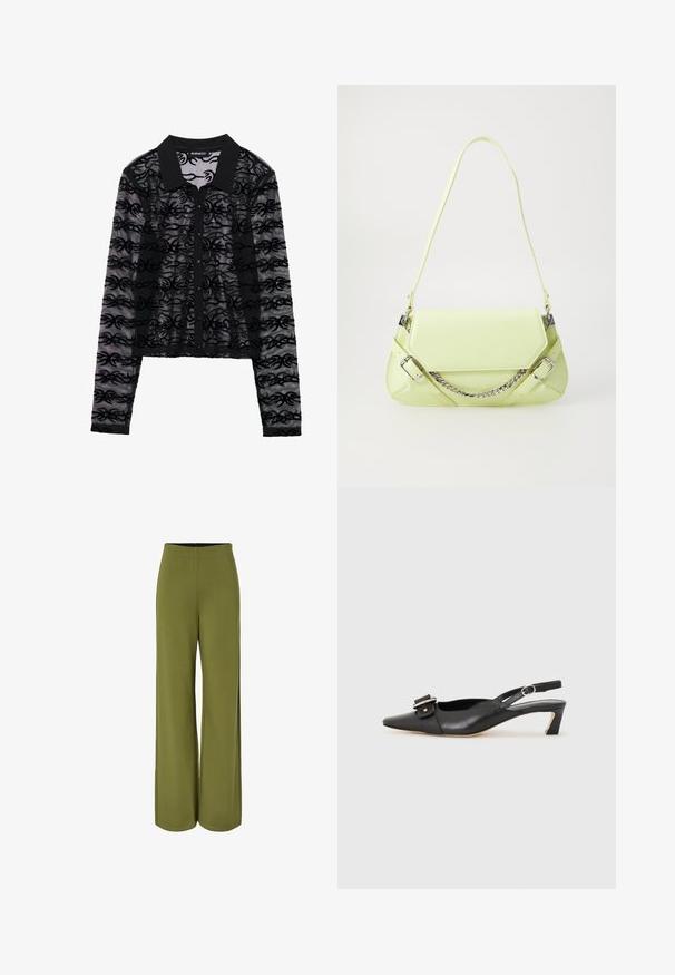 Chemise courte en maille noire présentant un motif texturé, des manches longues, un col classique et une fermeture à boutons sur le devant.; Pantalon large vert olive avec une taille haute et un tissu lisse et fluide, présenté sur fond blanc.; Chaussure slingback en cuir noir avec un bout pointu, un petit talon et un détail de boucle décoratif sur le dessus. Texture lisse, design minimaliste.; Sac à main synthétique vert lime avec une texture lisse, une bandoulière en chaîne détachable et des boucles décoratives ; forme rectangulaire avec des côtés effilés.