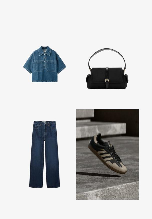 Denim-Kurzarmhemd mit weitem Kragen, vorderer Knopfleiste und zwei großen rechteckigen Brusttaschen.; Weite dunkelblaue Denim-Jeans mit hoher Taille, ausgestattet mit fünf Taschen und einer klassischen Knopfschließe. Glatte Textur und gerader Schnitt.; Schwarzer und beiger Ledersneaker mit drei weißen Streifen, tannengrüner Gummisohle und goldener "Samba"-Detailierung an der Seite.; Schwarze, rechteckige Handtasche mit einem oberen Griff, Klappenverschluss, Seitentaschen und einem zentralen Riemen mit goldfarbener Schnalle.