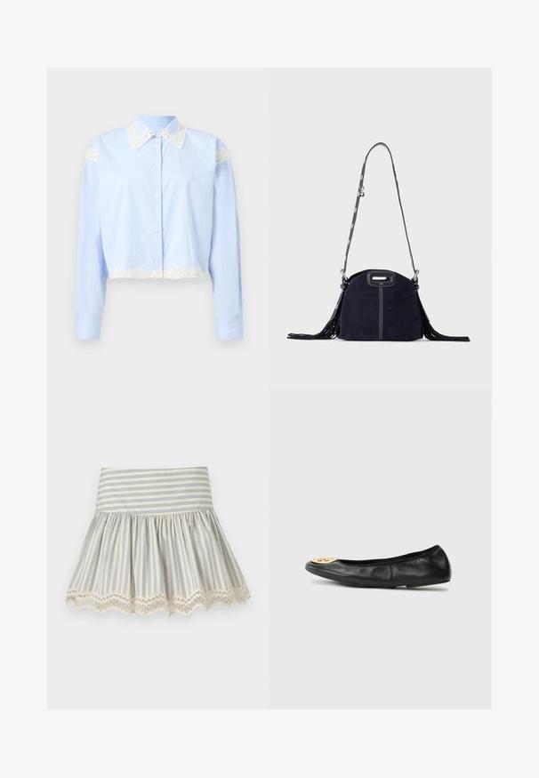 Chemise bleue claire à manches longues avec boutons, ornée d'une bordure en dentelle blanche sur le col, les épaules et l'ourlet, présentée sur un fond uni.; Jupe blanche à rayures verticales bleu clair, taille froncée et détail d’ourlet festonné en dentelle.; Ballerine en cuir noir avec un bout arrondi, présentant un accent en métal doré sur le bout, une texture lisse et une semelle flexible.; Sac à main en daim bleu foncé avec des coutures blanches, une poignée découpée, une bandoulière à motif et de longues franges des deux côtés.