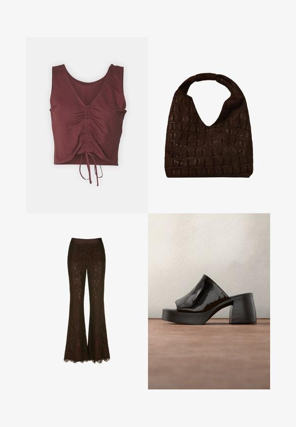 Bordový crop top s výstrihom do V, krátkymi rukávmi, zhrnutými detailmi vpredu a nastaviteľnou šnúrkou na spodnom okraji. Hladká štruktúra tkaniny.; Krajčírské rozšírené nohavice v hlbokej burgundskej farbe s hladkým saténovým pásom a jemným kvetinovým čipkovým vzorom, so zúbkovanými detailmi na okrajoch.; Čierny lodičkový mule z patinovanej kože s otvorenou špičkou a hrubým blokovým opätkom, postavený vzpriamene na sivom podlahe proti rozmazanému pozadiu.; Tmavohnedá kožená kabelka hobo s reliéfnym krokodílím vzorom a širokým zaobleným rukoväťou, jednoduchý a mäkký voľný dizajn.