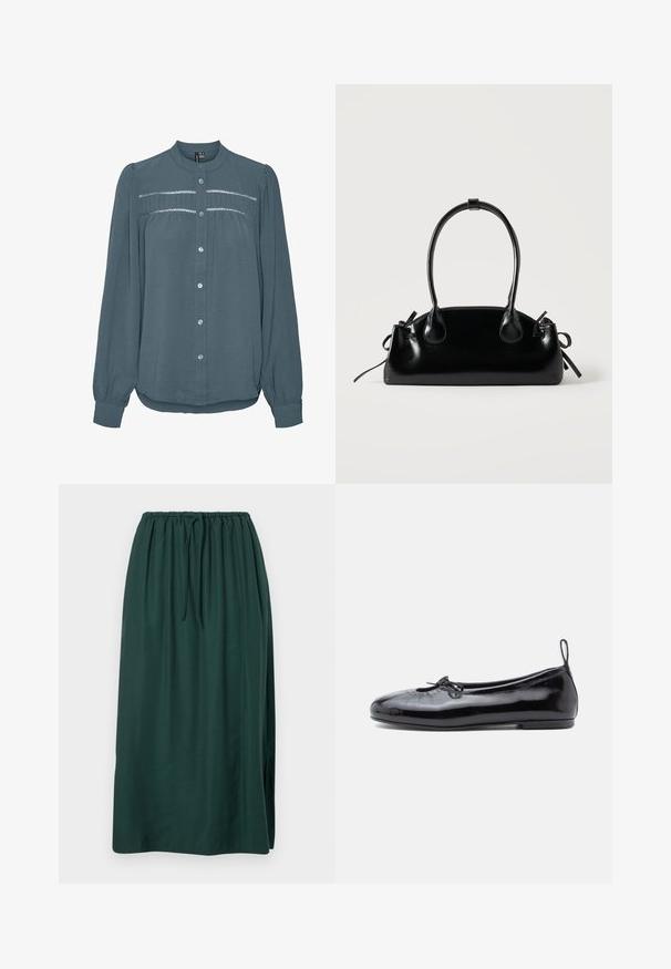 Blusa de manga larga color teal con botones en la parte delantera, cuello redondo, canesú fruncido con detalles de encaje en el pecho y mangas con puños.; Larga falda verde oscuro hecha de tela suave, con cinturilla elástica y cordón, y una abertura lateral para mayor libertad de movimiento.; Bailarinas de charol negro con punta redonda, pequeño detalle de lazo y textura suave; cuentan con una suela plana baja y una pestaña en el talón.; Pequeño bolso negro brillante con dos asas largas y detalles de cordón lateral sobre un fondo claro liso.