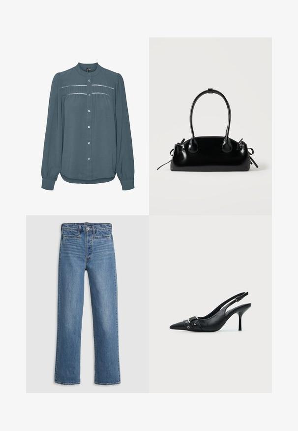 Langærmet teal bluse med knapper foran, rund krave, samlet skulderstykke med blondekanter over brystet og ærmer med manchetter.; Lys blå, lige ben jeans lavet af denim. Funktioner inkluderer en knaplukning, fem lommer og diskret slid. Ingen udsmykninger eller mønstre.; Sort læder højhælet sko med spidst tåparti, slingback og rem med spænde og nitter foran.; Lille sort blank håndtaske med to lange håndtag og snøre-detaljer i siden på en ensfarvet lys baggrund.
