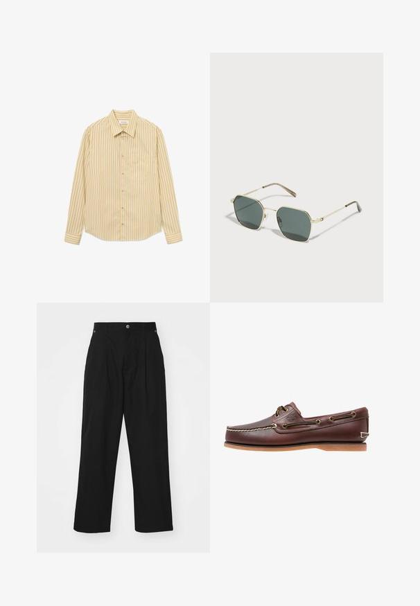 Chemise à manches longues rayée jaune en tissu ; comprend un col, une fermeture à boutons, une poche poitrine gauche et des manches avec poignets.; Pantalons larges noirs en tissu léger. Avec une fermeture à bouton, des plis avant et deux poches latérales.; Chaussure bateau en cuir marron avec coutures blanches, détails de lacets et semelle en caoutchouc beige, vue de côté sur fond blanc.; Lunettes de soleil avec une monture en métal doré, des verres rectangulaires verts, des branches fines et un motif texturé subtil sur les montures.