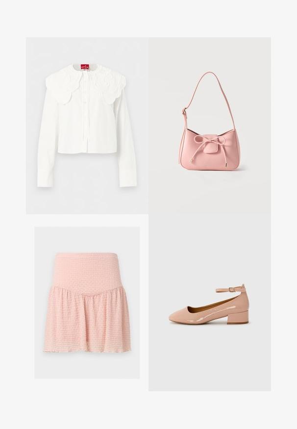 Blusa blanca de manga larga con un gran cuello bordado con bordes en forma de concha y cierre frontal de botones, exhibida sobre un fondo liso.; Minifalda rosa claro con textura, cintura ancha y detalle de tela fruncida sobre un fondo liso.; Zapatilla plana de charol rosa con punta redondeada, tira al tobillo y tacón bajo. Textura suave y diseño minimalista.; Bolso pequeño de hombro color rosa pastel con correa ajustable y detalle de lazo en el frente con extremos dorados sobre un fondo liso.