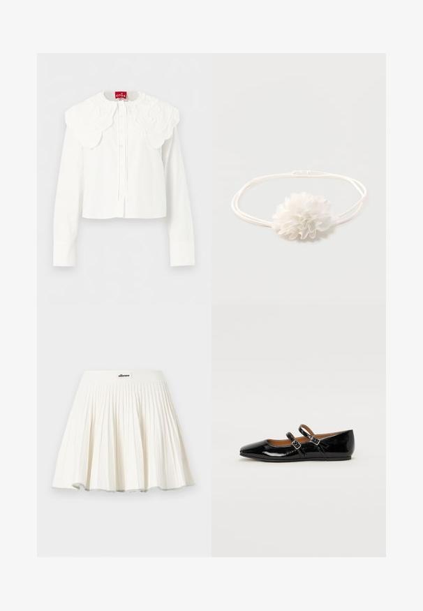 Blouse blanche à manches longues avec col brodé festonné large et fermeture à boutons sur le devant, présentée sur un fond uni.; Jupe de tennis plissée blanche avec une large ceinture arborant un petit patch logo ellesse au centre devant.; Ballerine plate en cuir verni noir avec un bout pointu, deux brides ajustables avec boucles, et une semelle plate. Texture lisse avec une finition brillante.; Bandeau élastique blanc avec une décoration de fleur en tissu doux centrée sur un fond uni clair.