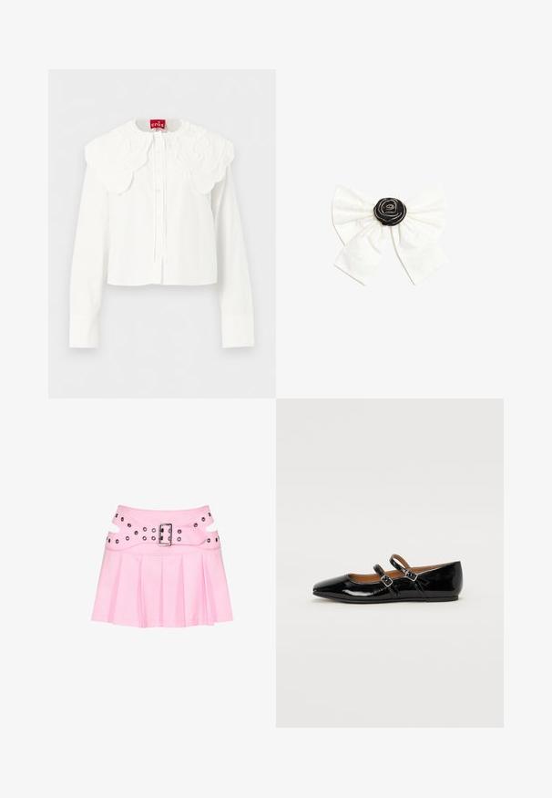 Blouse blanche à manches longues avec col brodé festonné large et fermeture à boutons sur le devant, présentée sur un fond uni.; Mini-jupe plissée rose avec large ceinture double couche, boucle argentée et plusieurs œillets pour fixation et décoration.; Ballerine plate en cuir verni noir avec un bout pointu, deux brides ajustables avec boucles, et une semelle plate. Texture lisse avec une finition brillante.; Nœud en tissu blanc avec un centre rosette noir décoré de petites perles argentées sur un fond blanc uni.