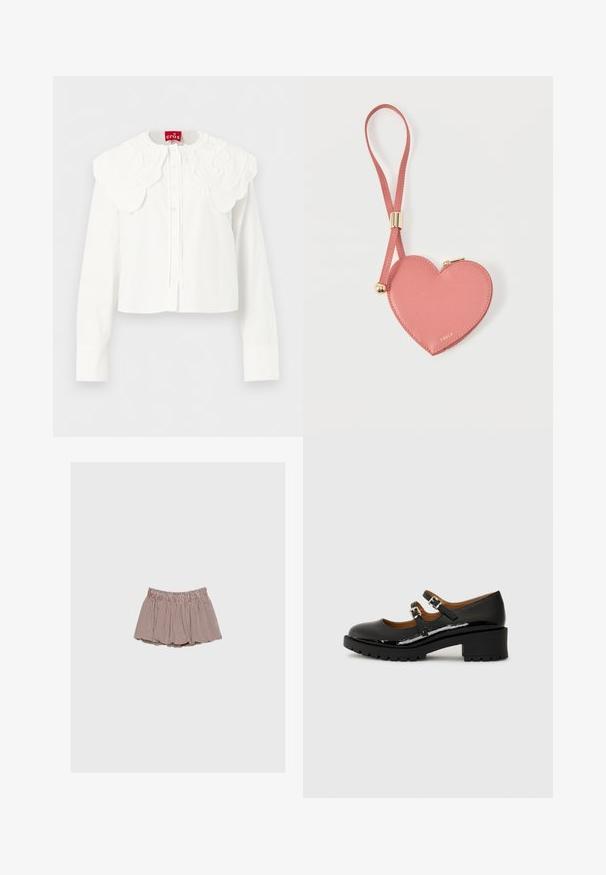 Blouse blanche à manches longues avec col brodé festonné large et fermeture à boutons sur le devant, présentée sur un fond uni.; Jupe froncée à taille élastique à carreaux rouges et blancs avec une silhouette courte et évasée sur un fond uni gris clair.; Chaussures Mary Jane en cuir verni noir avec deux brides réglables, bout rond et talon en caoutchouc épais présentant un motif de semelle texturé.; Pochette à pièces en cuir rose en forme de cœur avec sangle de poignet et fermeture éclair dorée, marquée d’un petit texte doré "Furla".