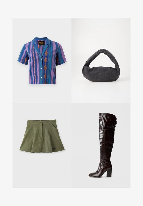 Lyhythihainen nappirivillinen paita, jossa pystysuorat vaaleanpunaiset, siniset ja oranssit geometriset raidat ja kaulus. Paidassa on Lainey Wilson Wranglerin merkki.; Nike Sportswear X NAOMI OSAKA SKIRT - Minihame - medium olive/blackened blue; Säärystimen korkuiset, kiiltävät viininpunaiset nahkasaappaat, joissa on neliömäinen kärki ja paksu korko. Saappaiden muotoilu on löysä ja niissä on vähäiset saumausyksityiskohdat.; Tummanharmaa kangaskassi, jossa on kaareva kahva, pehmeä tekstuuri ja pyöreä muoto. Ei näkyvää varustusta tai koristeita.