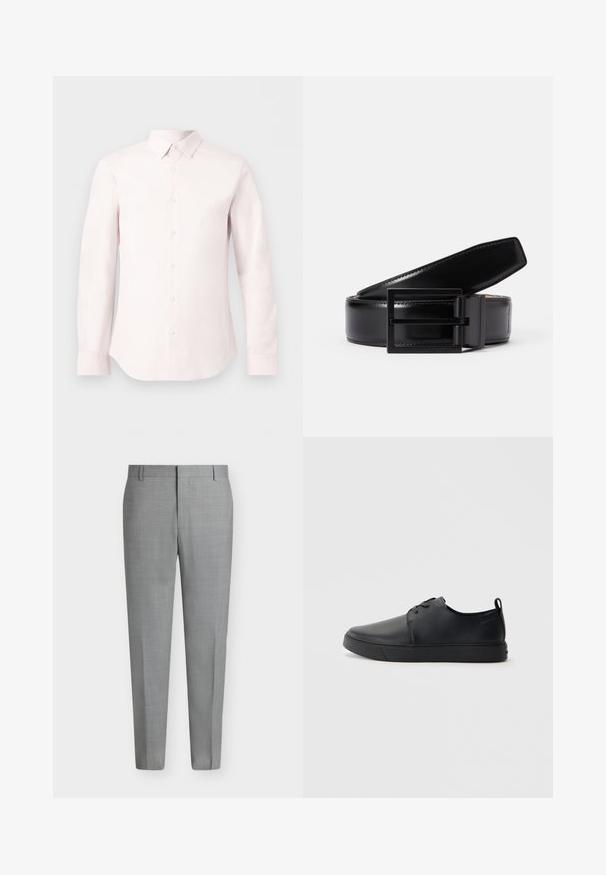 Chemise à manches longues rose clair avec boutons, col pointu et poignets boutonnés, présentée sur un fond blanc uni.; Pantalon de costume gris clair sur mesure avec passants de ceinture, devant plat et coupe droite sur fond blanc.; Baskets en cuir noir avec une finition lisse, bout arrondi, coutures ton sur ton, devant à lacets et semelle plate en caoutchouc. Anse au talon.; Ceinture en cuir noir avec une finition lisse, dotée d'une boucle en métal noir carré. La ceinture présente des coutures discrètes et un design classique.
