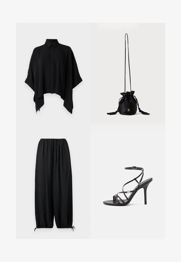 Black button-up shirt with a shawl collar, short sleeves, and a boxy silhouette. Made from smooth fabric, featuring a chest pocket.; Loose black pants with elastic waistband and drawstrings at waist and ankles on plain background.; Black high-heeled sandal with thin straps, an ankle buckle, a smooth leather surface, and a slender stiletto heel.; Black drawstring bucket bag with long thin strap and small gold square logo on front, displayed against a plain background.
