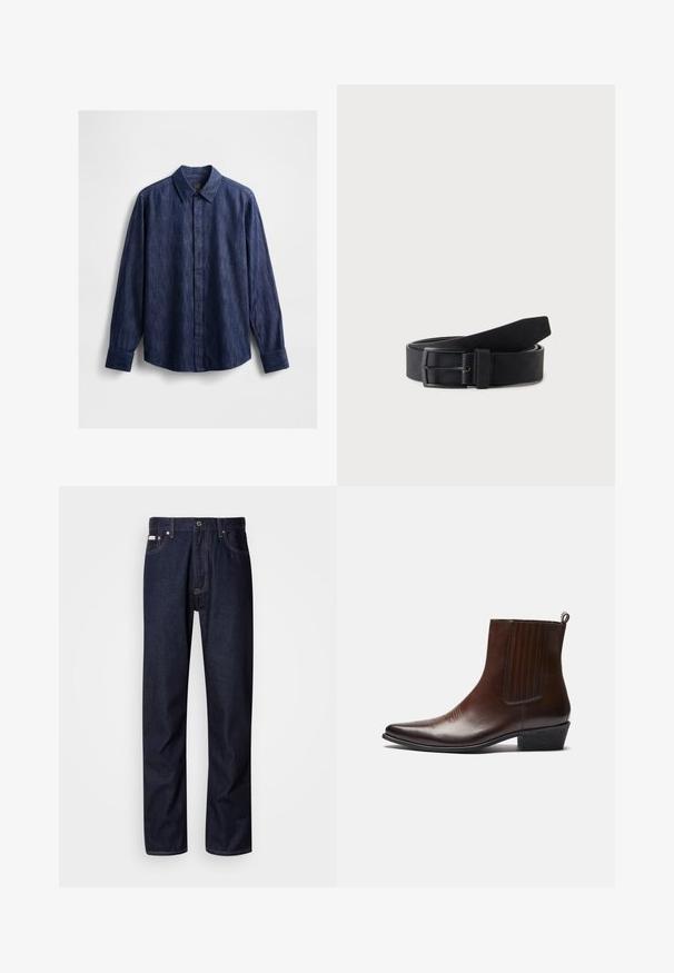 Dunkelblaues Denimhemd mit klassischem Kragen, langen Ärmeln, Knopfleiste vorne und leicht strukturierter Stoff. Keine sichtbaren Muster.; Dunkelblaue Denim-Jeans mit geradem Bein, ausgestattet mit einem Knopfverschluss, fünf Taschen und kontrastierenden Nähten.; Braune Leder-Ankle-Boots mit spitzer Spitze, elastischen Seitenteilen, strukturierten Details auf der Vorderseite und einem niedrigen, gestapelten Absatz.; Schwarzer, strukturiert geprägter Ledergürtel, zusammengerollt mit rechteckiger Metallschnalle und Gürtelschlaufe auf hellem Hintergrund.