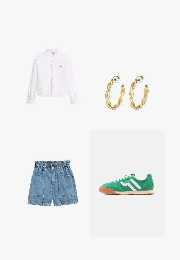 Blouse blanche à manches longues avec col et poignets à volants, boutons dorés sur le devant, et petit logo Tommy Hilfiger sur le côté gauche de la poitrine.; Shorts en denim avec une taille élastiquée, couleur bleu clair, quatre poches et détail de couture visible le long des coutures.; Baskets en daim vert avec des rayures et des lacets blancs, dotées d'une semelle en caoutchouc naturel. Design classique avec un style athlétique rétro.; Boucles d'oreilles créoles dorées torsadées avec une surface lisse, présentant un dos transparent et une quincaillerie dorée.