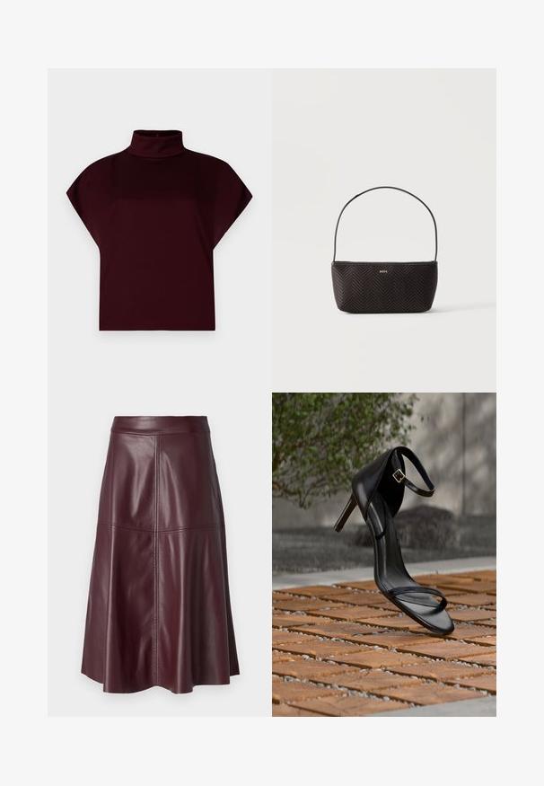 Top corto burdeos con cuello alto simulado, mangas cortas y tela suave y elástica. Sin patrones visibles ni detalles de herrajes.; Falda de cuero burdeos oscuro hasta la rodilla con corte en A y costuras visibles verticales y horizontales.; Sandalia negra de tacón alto con correa en el tobillo, parece suspendida sobre un suelo de baldosas de madera al aire libre, con un fondo difuminado de vegetación y piedra.; Bolso tejido negro con textura, con una sola correa para el hombro y pequeño logo dorado "BOSS" en el centro delantero.