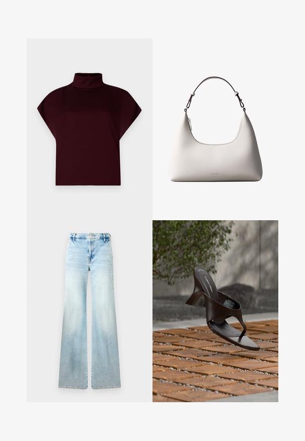 Top corto burdeos con cuello alto simulado, mangas cortas y tela suave y elástica. Sin patrones visibles ni detalles de herrajes.; Jeans acampanados de color azul claro, confeccionados en denim. Presentan un lavado desvaído, bolsillos estándar y un cierre de botón en la cintura.; Sandalia de tiras con tacón marrón de Calvin Klein suspendida sobre suelo exterior de loseta de madera y grava, con fondo desenfocado de vegetación y piedras.; Bolso de hombro de cuero color crema de Calvin Klein con borde superior curvado, cremallera plateada y correa ajustable marrón oscuro.