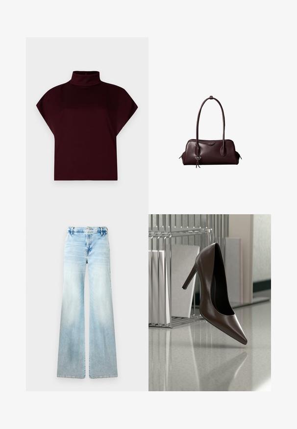 Bordeauxfarbener Cropped-Top mit hohem Stehkragen, kurzen Ärmeln und glattem, elastischem Stoff. Keine sichtbaren Muster oder Hardware-Details.; Hellblaue, flared Jeans aus Denim. Sie bietet eine ausgewaschene Optik, Standardtaschen und einen Knopfverschluss an der Taille.; Dunkelbrauner, hochhackiger Lederschuh, der über einem reflektierenden Boden in der Nähe eines Metallgestells mit weißen Paneelen in einem Raum schwebt.; Dunkelbraune Lederhandtasche von Calvin Klein mit langen doppelten Griffen und einem kleinen Logoanhänger, der an einem Griff hängt.