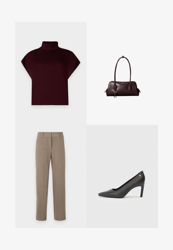 Top corto burdeos con cuello alto simulado, mangas cortas y tela suave y elástica. Sin patrones visibles ni detalles de herrajes.; Pantalones caqui de pierna recta con trabillas para cinturón y cierre frontal de cremallera sobre fondo blanco.; Zapato de tacón alto de charol negro con puntera afilada, que presenta un pequeño acento dorado con el logotipo en el tacón. Textura suave, diseño elegante.; Bolso de mano de cuero marrón oscuro Calvin Klein con asas dobles largas y un pequeño colgante con el logotipo colgando de una de las asas.