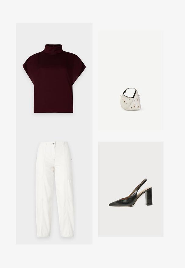 Bourgondische cropped top met een hoge opstaande kraag, korte mouwen en een gladde, rekbare stof. Geen zichtbare patronen of hardwaredetails.; Witte cargo broek met een rechte pijpdesign, voorzien van zijzakken, een knoopsluiting en zichtbare stikdetails. Glad, duurzaam materiaal.; Zwarte leren dames slingbackpumps met spitse neus en dikke hoge blokhak op witte achtergrond.; Kleine witte handtas met bruine vlekken, afgeronde driehoekige vorm, zwarte binnenvoering en korte verstelbare band met zilveren gesp.