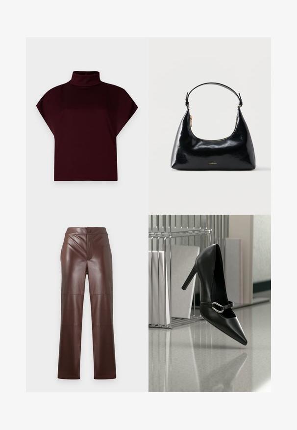 Bordeaux cropped top med høj mock neck, korte ærmer og glat, strækbart stof. Ingen synlige mønstre eller hardware-detaljer.; Brune faux læderbukser med lige snit og glat tekstur. Har en frontlynlås og knaplukning, suppleret med tonal syning.; Sort spids højhælet sko med en sølvspænde, placeret på en reflekterende overflade nær en metalfilorganisator med papirer.; Sort blank Calvin Klein håndtaske med gyldent lynlås og kort rem mod en ensfarvet hvid baggrund.