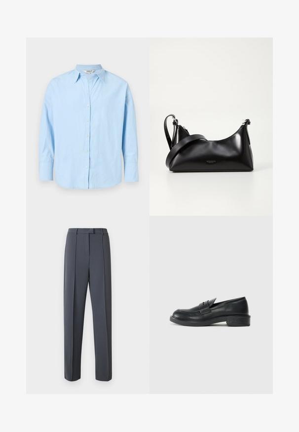 Chemise bleu clair à manches longues avec col pointu et poignets, présentée à plat avec tous les boutons fermés sauf le bouton supérieur ouvert.; Un pantalon gris sur mesure présente une coupe droite, un devant plissé et une texture lisse. La ceinture est équipée de passants pour une adaptation ajustable.; Mocassins en cuir noir avec un bout arrondi, des détails cousus et un petit talon. Texture lisse et semelle en caoutchouc flexible.; Sac à main en cuir noir avec une texture lisse. Dispose d'une bandoulière adjustable et d'un design élégant et minimaliste avec une fermeture éclair.
