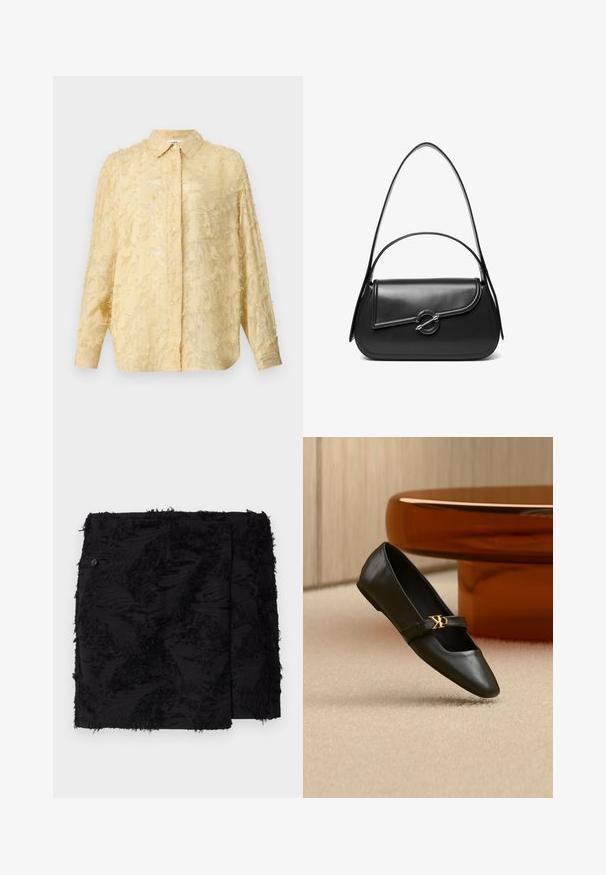Blouse jaune clair à manches longues, en tissu texturé avec des détails effilochés, fermeture à boutons et col défini. Présente une coupe décontractée.; Jupe noire en tissu texturé avec des accents effilochés. Forme carrée, longueur au-dessus du genou et détail de bouton sur le côté.; Chaussure plate en cuir noir avec bout pointu et logo CK doré sur la bride, posée sur un tapis beige près d'une table ronde couleur ambre brun.; Sac à bandoulière en cuir noir avec un rabat incurvé fermé par un fermoir métallique rond et une sangle fine et ajustable.