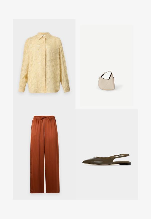Lichtgele blouse met lange mouwen, textuurstof met rafelige details, knoopsluiting en duidelijk kraag. Heeft een ontspannen pasvorm.; Wijde broek in een rijke bruine kleur, gemaakt van zachte stof. Voorzien van een elastische tailleband met een trekkoord en zijzakken.; Olijfgroene platte slingback met spitse neus, lage zwarte hak en een gladde, glanzende afwerking.; Beige leren handtas in halvemaanvorm met een enkele schouderband en minimale stiksels, afgebeeld tegen een effen witte achtergrond.