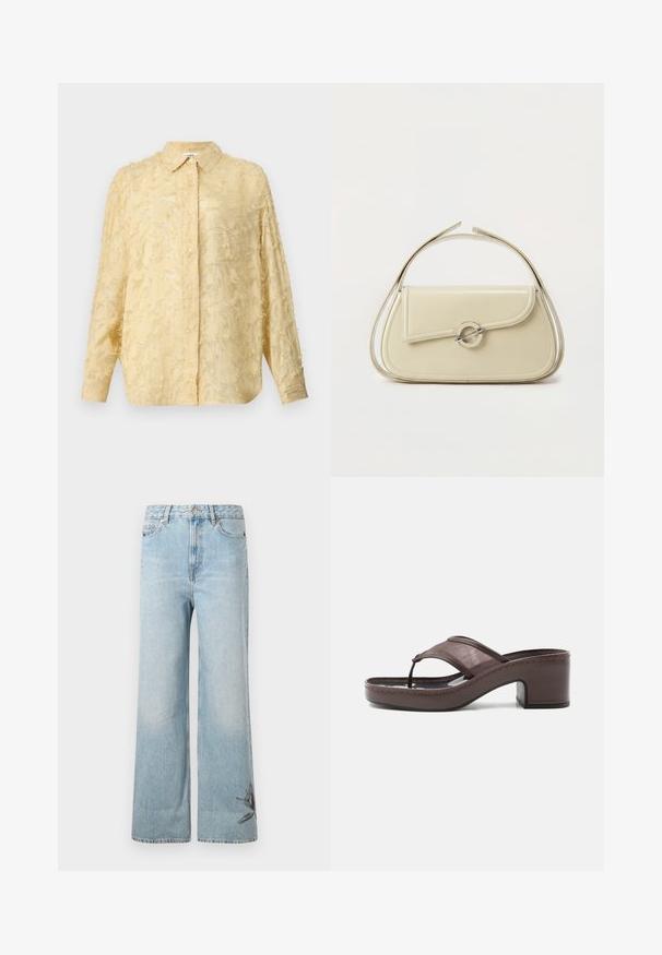 Lys gul bluse med lange ærmer, struktureret stof med frynset detaljer, knaplukning og markeret krave. Har en afslappet pasform.; Lysblå vide jeans lavet af denim, med en falmet tekstur og blomsterbroderi detalje på den nederste venstre ben.; Brun sandal med hæl med mesh-rem og tæst design, med blokhæl og syet sål, vist i profil mod hvid baggrund.; Cremefarvet læderhåndtaske med buet klap, cirkulært sølvspænde og kort topstrop på en ens hvid baggrund.