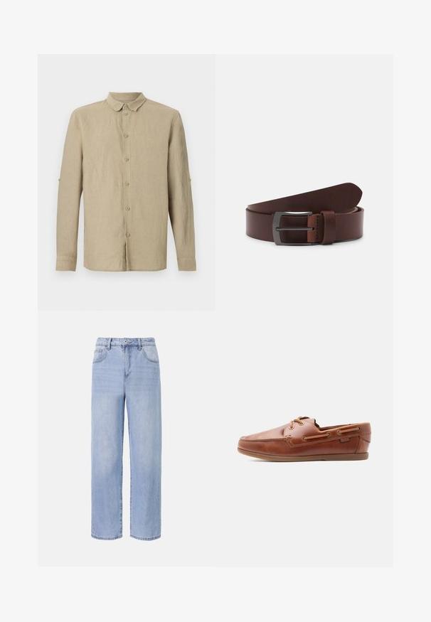 Chemise beige à manches longues avec col classique et pattes de manches pour retrousser les manches.; Jean en denim bleu clair avec une coupe décontractée et des jambes larges. Les caractéristiques incluent cinq poches, une fermeture à bouton à l'avant et une décoloration subtile.; Chaussure bateau en cuir marron avec laçage à l'avant, surpiqûres décoratives sur les côtés et semelle plate basse sur fond blanc uni.; Ceinture en cuir brun avec une texture lisse, dotée d'une pointe courbée et d'une boucle métallique rectangulaire au fini sombre.
