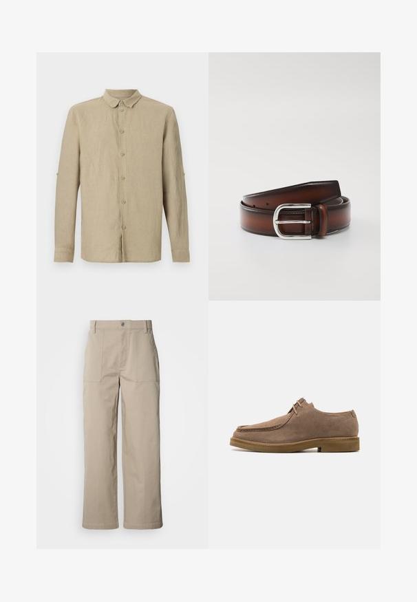 Beige langærmet skjorte med knapper, klassisk krave og ærmelåse til at rulle ærmerne op.; Beige bukser med vide ben lavet af bomuld; har forlommer, knaplukning og synlig syning langs kanterne.; Zign LEATHER - Sporty snøresko - taupe; Brun læderbælte med en poleret sølvmetal spænde, der har en glat overflade og flere justeringshuller langs remmen.