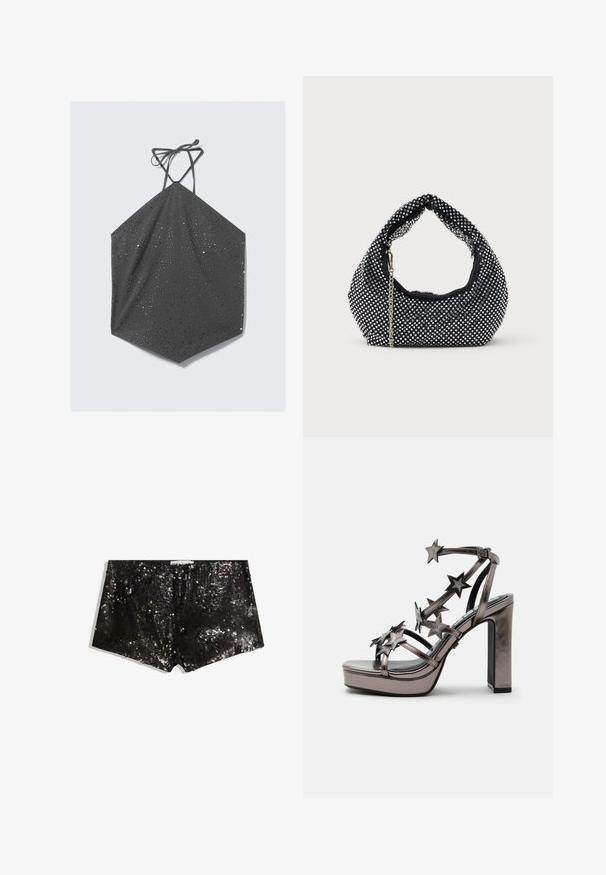 Grijze haltertop met een hexagonale vorm, met een textuur en kleine reflecterende details, plus dunne kruislings vastgemaakte banden.; Zwarte pailletten shorts met een aansluitend ontwerp. Heeft glinsterende pailletten, een soepele textuur en een tailleband voor een beveiligde pasvorm.; Metallic sandalen met hoge hak, plateauzool en meerdere riempjes versierd met stervormige versieringen en een enkelgesp.; Zwarte mesh handtas versierd met zilveren studs, met een gebogen handvat en een kettingschouderriem. Zachte textuur met een ronde vorm.