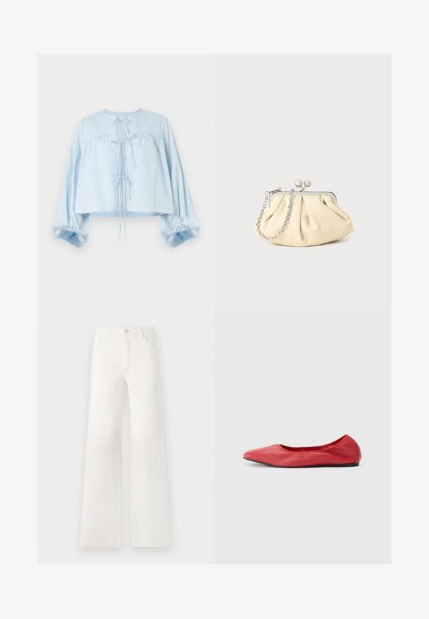 Hellblaue, kurz geschnittene Bluse mit abgerundetem Halsausschnitt, Kordelzug vorne und Puffärmeln mit elastischen Bündchen. Glatte Textur.; Weiße, hoch taillierte, weite Jeans aus Denim. Verfügt über einen Knopfverschluss, zwei Fronttaschen und Seitennähte mit Stickdetails.; Filippa K REY FLATS - Klassischer Ballerina - bright red; Faltige beigefarbene Ledertasche mit einem silbernen Metallrahmen, ausgestattet mit zwei runden dekorativen Verschlüssen und einem silbernen Kettenriemen.