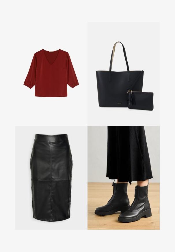 Anna Field Blouse - red; Jupe en cuir noir avec une texture lisse, présentant une taille haute et des coutures piquées qui créent une silhouette structurée et discrète.; Bottines en cuir noir avec une semelle plateforme épaisse et une fermeture éclair à l'avant. Texture lisse avec un design minimaliste.; Sac fourre-tout noir avec un matériau texturé, deux longues anses et une pochette zippée amovible avec un détail de pompon. Logo de la marque en orvisible.