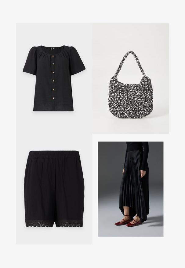 Sort kortærmet bluse med rund halsudskæring og knaplukning. Har samlingdetaljer og træknapaccentuer langs knaplisten.; Sorte bomuldsshorts med elastisk talje og bølgende kant, der har perforerede detaljer ved kanterne. Blødt og let materiale.; Sort plisseret nederdel med en høj-lav kant, parret med glansfulde røde flade sko med en remdesign. Stoffet har en glat overflade.; Vævet håndtaske i sort og hvid med en rund form, tekstureret overflade og et fletet håndtag. Velegnet til afslappet brug.