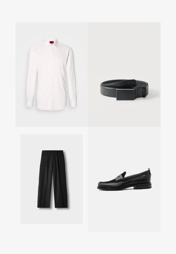 Chemise blanche à manches longues en coton, équipée d'un col classique et d'un devant boutonné avec des boutons transparents en plastique. Étiquette visible à l'intérieur du col.; Pantalon large noir taille haute avec plis à l'avant, poches latérales, passants pour ceinture et fermeture par bouton sur fond gris clair.; Mocassin en cuir noir avec détail de bride grise, talon bas et semelle texturée, marqué "HUGO" en or sur le côté.; Ceinture en cuir noir enroulée avec une boucle noire mate rectangulaire et un logo embossé discret sur fond blanc.