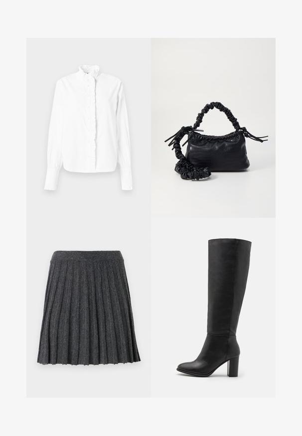 Hvid langærmet skjorte lavet af bomuld, med en høj flæsekrave og frontlomme lukning, med sammensnørede ærmer og en glat overflade.; Vero Moda Knitted VMMARINA Short - Mini skirts - dark grey; Sorte knæhøje støvler lavet af glat læder, med en kraftig hæl og rund tå. Minimalistisk design uden synligt hardware eller dekorationer.; Sort kunstlæder håndtaske med krokodilteksur, indsnøret top og en sammenkrøben rem. Ser blød og kompakt ud i designet.