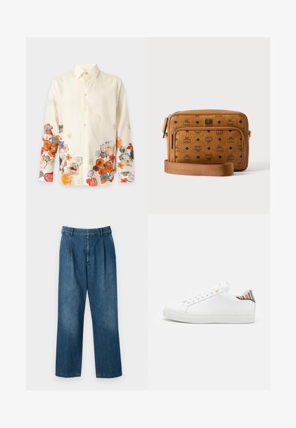 Chemise crème à manches longues avec boutons et motif floral coloré le long de l’ourlet inférieur et des manches.; Pantalons en denim bleu avec un design à jambes droites, dotés d'une taille haute, de plis à l'avant et d'une fermeture à bouton classique. Texture lisse.; Baskets en cuir blanc avec une finition lisse, présentant un accent rayé coloré au niveau du talon, des œillets dorés et une semelle blanche plate.; Sac bandoulière en cuir fauve avec logos MCM noirs, poche avant zippée, plaque dorée et sangle en tissu réglable sur fond blanc.
