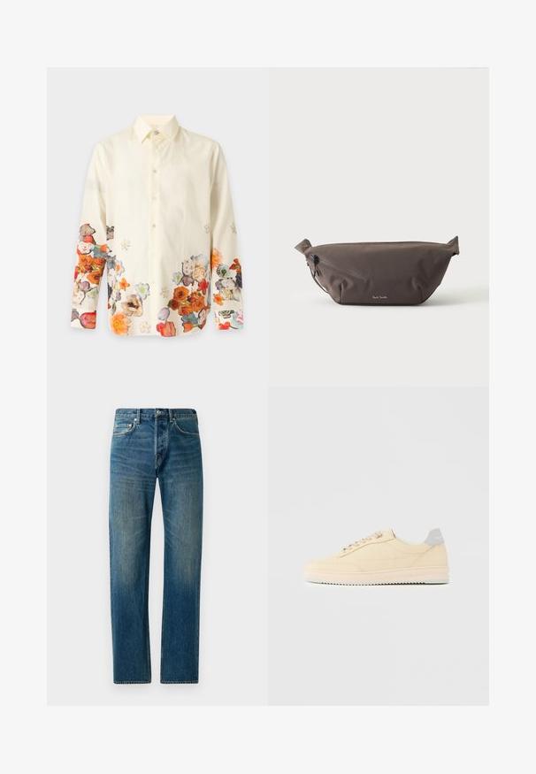 Crèmekleurig overhemd met lange mouwen en knopen met een kleurrijk bloemenpatroon langs de onderzoom en mouwen.; Blauwe denim jeans met een recht gesneden ontwerp, voorzien van een vijf-pocketstijl, subtiele vervaging en contrasterende stikselaccenten.; Beige lage sneaker met veters aan de voorkant, lichtroze zool en een grijze hieltab met het merk "Filling Pieces", zijaanzicht op een effen achtergrond.; Donkerbruine stoffen heuptas met diagonale ritssluiting en klein wit logo aan de voorkant, tegen een effen lichte achtergrond.