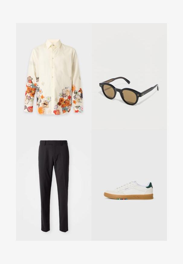 Crèmekleurig overhemd met lange mouwen en knopen met een kleurrijk bloemenpatroon langs de onderzoom en mouwen.; Zwarte op maat gemaakte broeken met een platte voorkant, slim fit, riemlussen en een soepele textuur. Geschikt voor formele of zakelijke kleding.; Witte leren sneaker met geperforeerd ontwerp, gumrubberen zool, groene hielaccent en kleurrijke streepdetails aan de zijkant.; Zwarte zonnebril met ronde montuur, bruin getinte glazen en subtiele gouden accenten op een witte achtergrond.