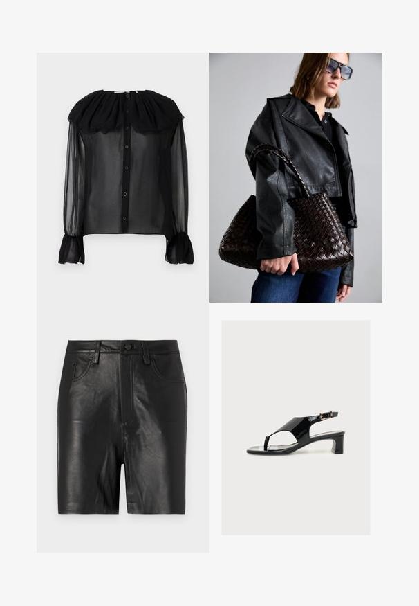 Blouse noire transparente avec un col volanté, boutonnée sur le devant, manches longues et poignets froncés. Tissu léger avec une texture douce.; Shorts en cuir noir avec une texture lisse, dotés d'une fermeture éclair à l'avant, d'une fermeture à bouton et d'un design classique à cinq poches.; Sandale pour femme en cuir verni noir, talon bloc bas, bout ouvert, bride arrière et petite boucle dorée sur fond uni.; DRAGON DIFFUSION SANTA CROCE BIG - Sac à main - dark brown
