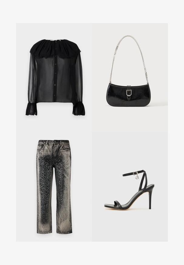 Blusa negra transparente con escote con volantes, cierre frontal con botones, mangas largas y puños fruncidos. Tejido ligero con textura suave.; Jeans de mezclilla en negro y gris con un patrón de desvanecimiento en degradado salpicado y un diseño geométrico sutil en la parte delantera y los lados.; Sandalia de tacón alto negra con una estrecha correa en el tobillo, punta cuadrada, material de cuero liso y detalle de hebilla metálica.; Bolso de hombro de charol negro con detalle de hebilla plateada y correa de cadena plateada, presentado sobre un fondo liso y claro.