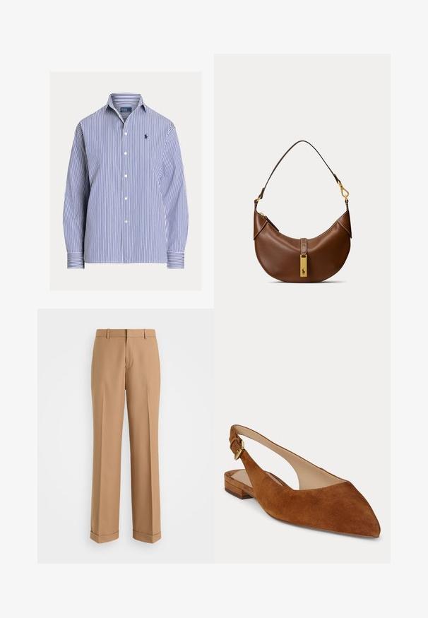 Camisa de manga larga con botones, de rayas verticales azules y blancas, con cuello y pequeño logo bordado en el pecho izquierdo.; Pantalones beige ajustados con un diseño de pierna recta, confeccionados en una tela suave, con pliegue frontal y dobladillos enrollados en el bajo.; Zapato plano de ante marrón con puntera puntiaguda, tira trasera, tacón pequeño y hebilla dorada ajustable.; Bolso marrón de cuero con forma de media luna, una sola correa y etiqueta rectangular dorada con el logo de un caballo.