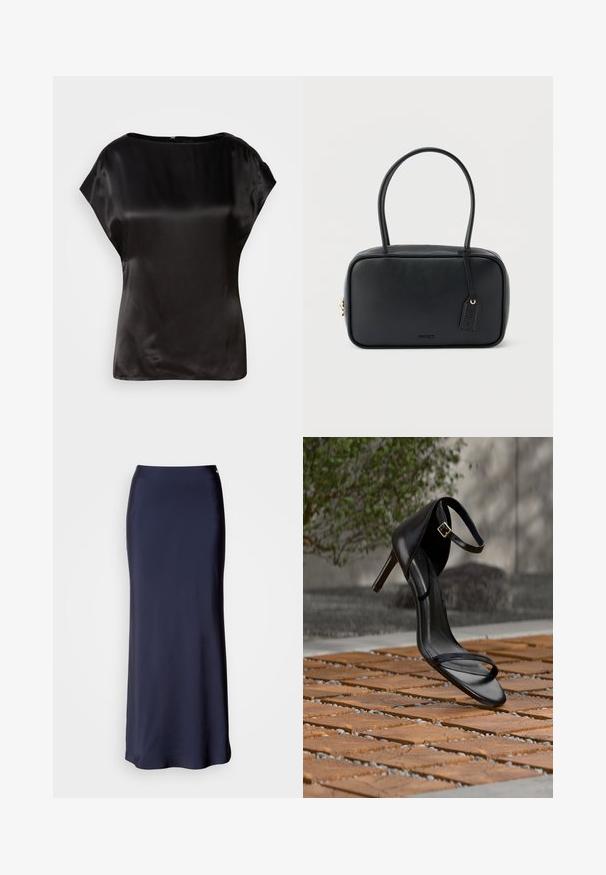 Sort satin top med bådudskæring, korte ærmer og en subtil glans. Har en skjult lynlås i ryggen til lukning. Glat tekstur.; Mørkeblå satin maxi-nederdel med en glat tekstur, lige silhuet og et subtilt sidesnit. Har en taljeelastik og minimal detaljering.; Sort højhælet sandal med ankelsnor, der ser ud til at svæve over et trægulv udendørs med sløret grønt og sten i baggrunden.; Sort rektangulær håndtaske med dobbelte runde håndtag, gylden lynlås og præget "HUGO"-logo foran med fastgjort lædermærke.