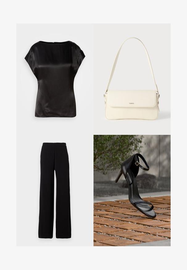 Top en satin noir avec un col bateau, des manches courtes et un léger éclat. Présente une fermeture éclair dissimulée au dos. Texture lisse.; Pantalon noir à jambes larges en tissu doux avec une taille élastique, présentant un design épuré sans motifs ni accents visibles.; Sandale noire à talon haut avec sangle à la cheville, suspendue au-dessus d'un sol en carreaux de bois à l'extérieur, avec un arrière-plan flou de verdure et de pierre.; Sac à bandoulière en cuir couleur crème avec fermeture à rabat, quincaillerie argentée, une bandoulière réglable et un logo discret.