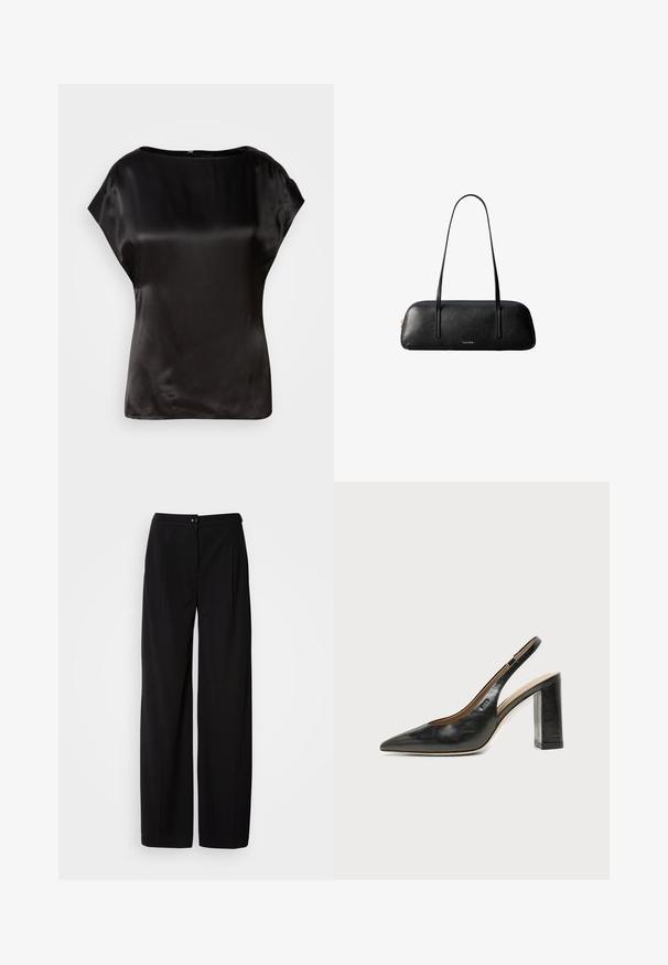 Top en satin noir avec un col bateau, des manches courtes et un léger éclat. Présente une fermeture éclair dissimulée au dos. Texture lisse.; Pantalons large en noir avec un tissu tissé lisse ; dotés d'une fermeture à bouton et d'un design plissé pour une silhouette structurée.; Chaussure slingback en cuir noir à bout pointu avec un talon bloc haut et une doublure intérieure beige sur un fond clair uni.; Sac à main rectangulaire en cuir noir avec de longues lanières fines et un logo doré "Calvin Klein" au centre avant.