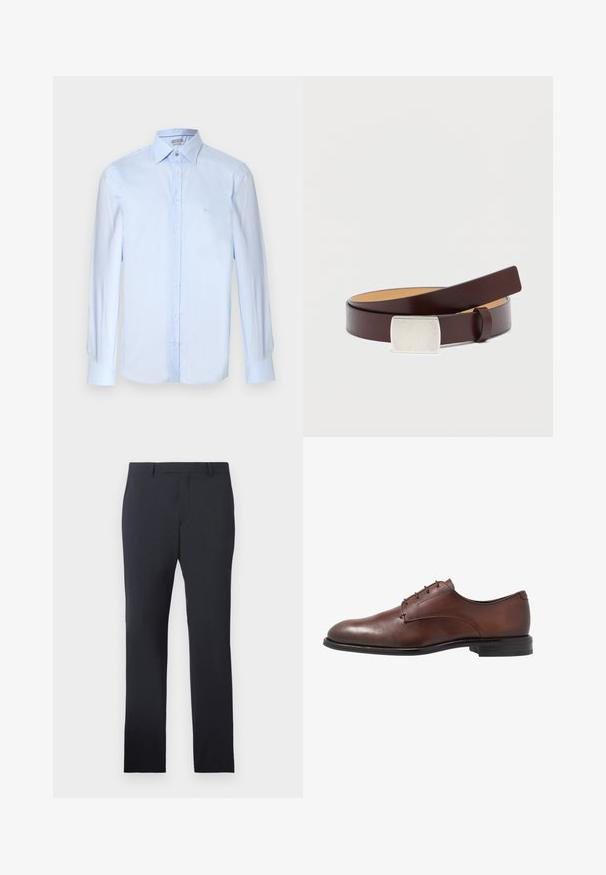 Camisa de manga larga azul claro con botones, hecha de tela texturizada. Cuenta con un cuello clásico y un bordado sutil del logotipo en el pecho.; Pantalones formales de la marina confeccionados en tejido suave. Cuentan con un frente plano, trabillas para cinturón y bolsillos laterales, con un corte recto a medida.; Zapato de vestir de cuero marrón con un acabado liso, punta redonda, cuatro ojetes y un bajo tacón de goma negra. Diseño sencillo sin patrones.; Cinturón de cuero marrón con una hebilla plateada rectangular, textura lisa y un forro interior más claro y contrastante. Diseño sencillo y clásico.