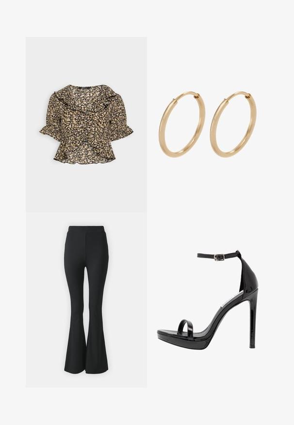 Gina Tricot ALBA - Bluse - black ditsy; Schwarze ausgestellte Hosen aus elastischem Stoff. Sie haben einen hohen Bund und ein glattes, eng anliegendes Design, das ab dem Knie nach unten ausgestellt ist.; Steve Madden MILANO - High Heel Sandalette - black; Goldene Creolen mit einer glatten, polierten Oberfläche. Abgerundete Form, mittlere Größe, ausgestattet mit einem sicheren Verschlussmechanismus.